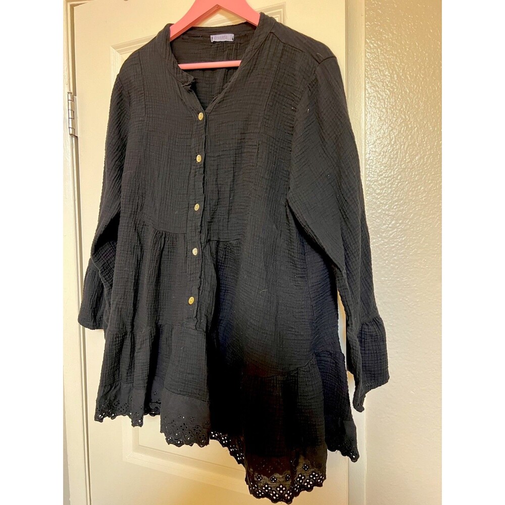 Diverse Italia Cotton Waffle Tiered Button Down Top Pretty Lace Edge Size XL - Picture 2 of 4